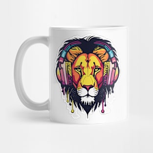 t-shirt design, colorful lion with headphones on, graffiti art Mug